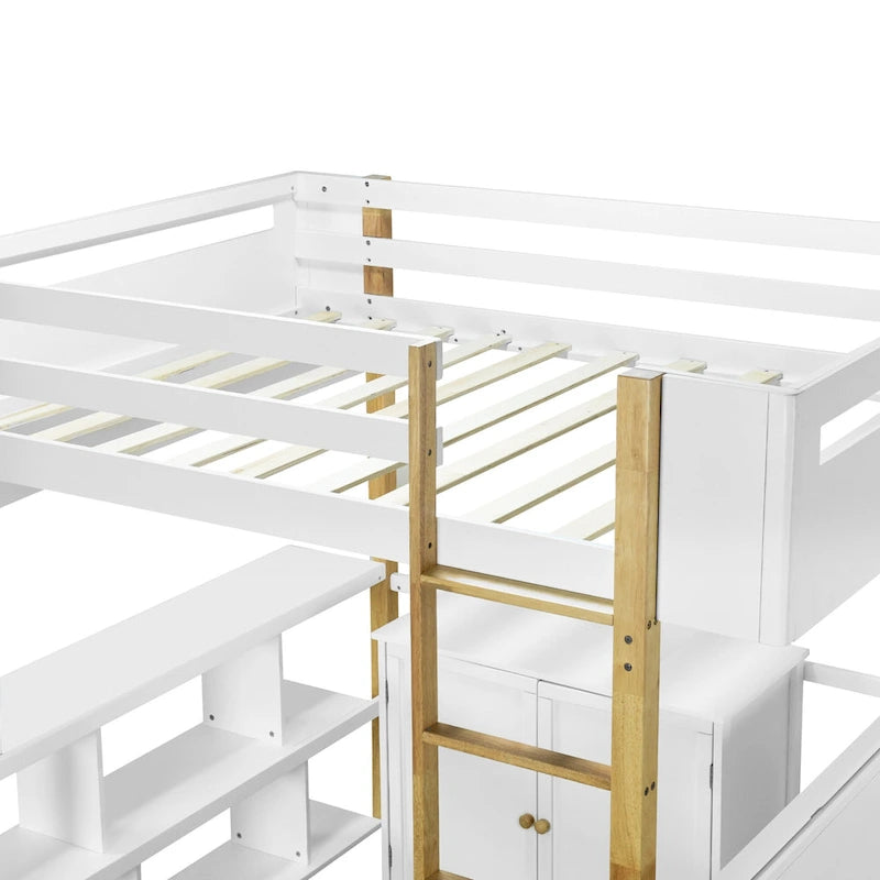 White Full-Size Wood Loft Bed with Storage and Foldable Desk