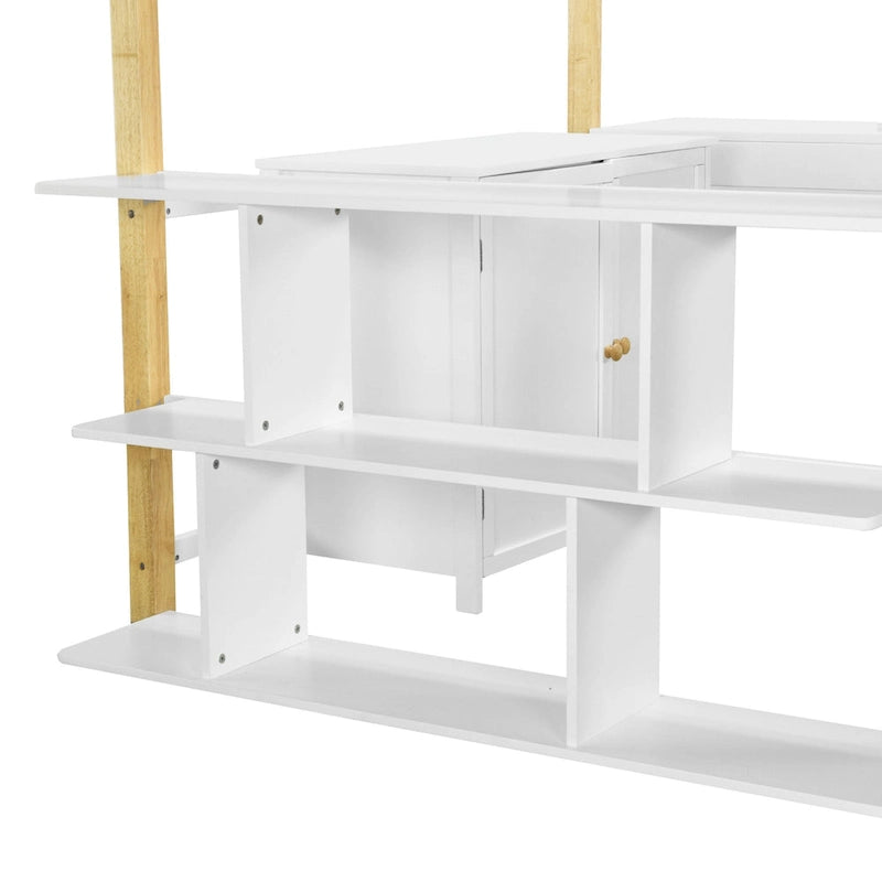 White Full-Size Wood Loft Bed with Storage and Foldable Desk