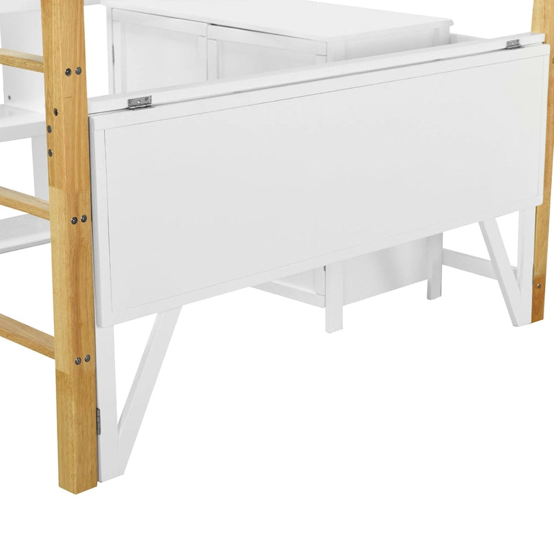 White Full-Size Wood Loft Bed with Storage and Foldable Desk