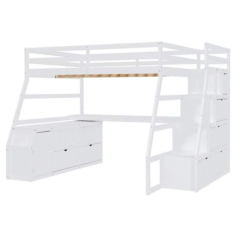 White Full-Size Wood Loft Bed with Desk, 7 Drawers and 2 Shelves