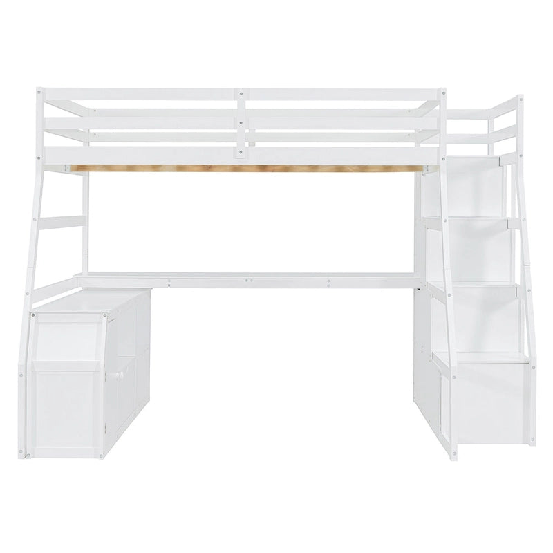 White Full-Size Wood Loft Bed with Desk, 7 Drawers and 2 Shelves
