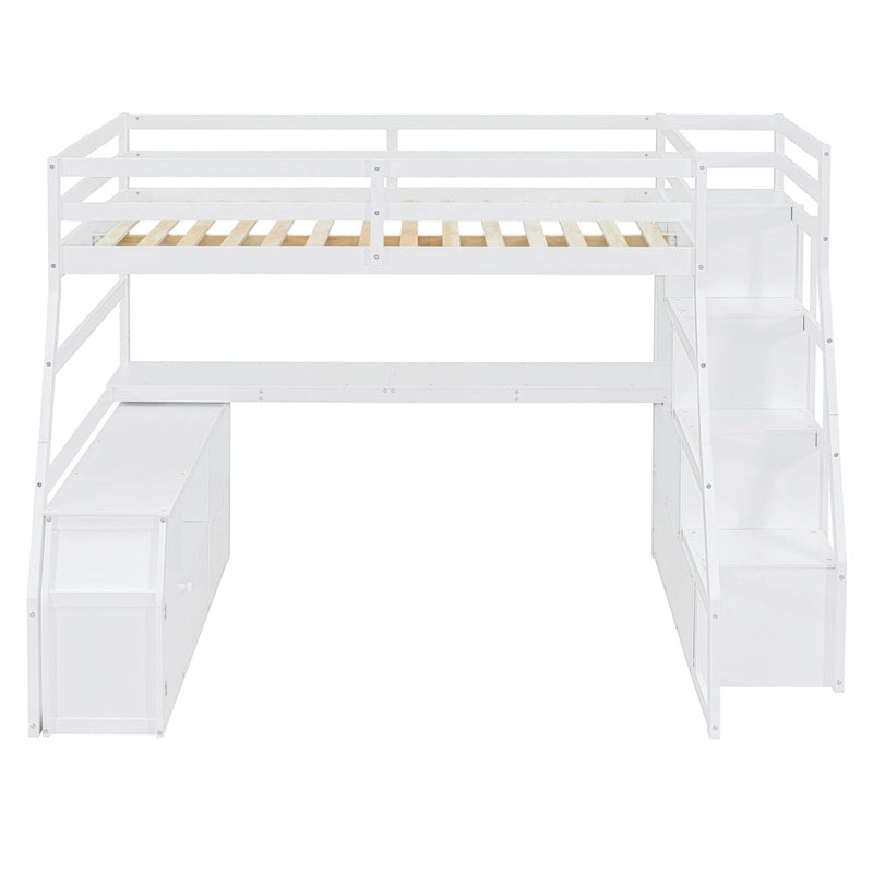 White Full-Size Wood Loft Bed with Desk, 7 Drawers and 2 Shelves