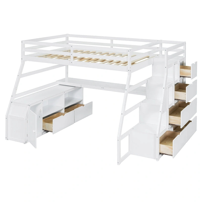 White Full-Size Wood Loft Bed with Desk, 7 Drawers and 2 Shelves