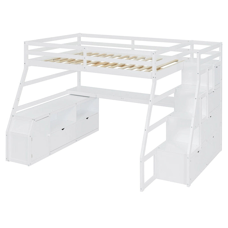 White Full-Size Wood Loft Bed with Desk, 7 Drawers and 2 Shelves