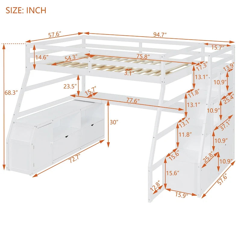 White Full-Size Wood Loft Bed with Desk, 7 Drawers and 2 Shelves