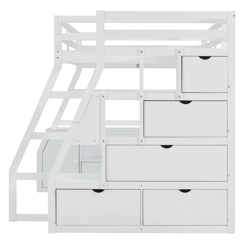 White Full-Size Wood Loft Bed with Desk, 7 Drawers and 2 Shelves
