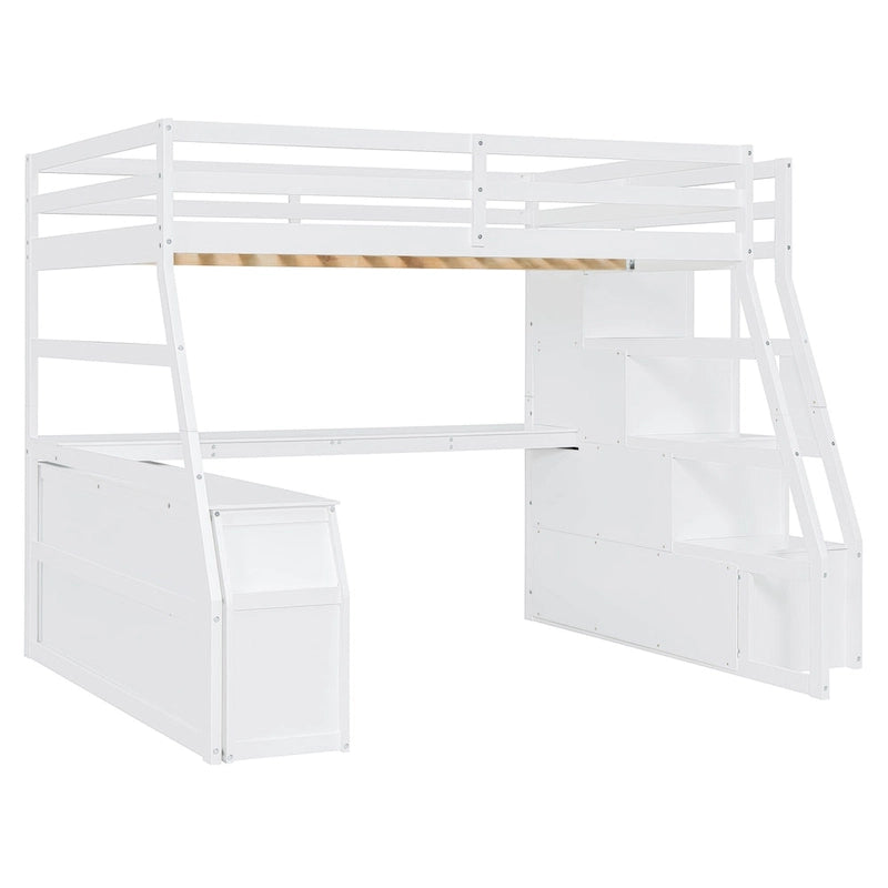 White Full-Size Wood Loft Bed with Desk, 7 Drawers and 2 Shelves