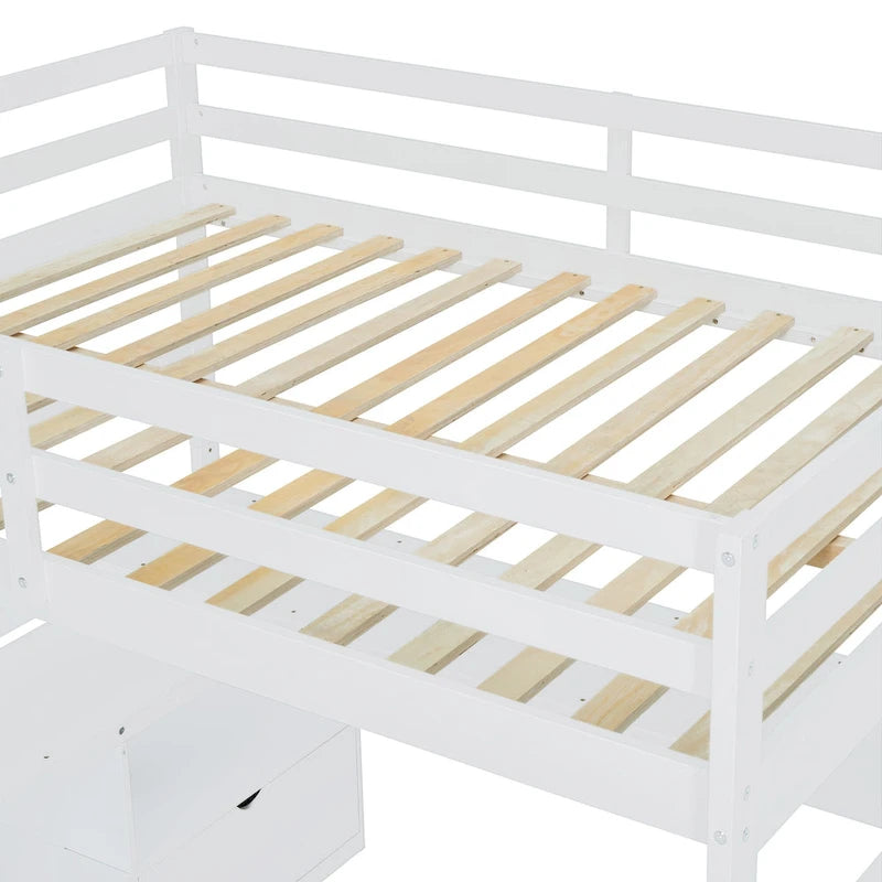 White Full-Size Wood Loft Bed with Desk, 7 Drawers and 2 Shelves