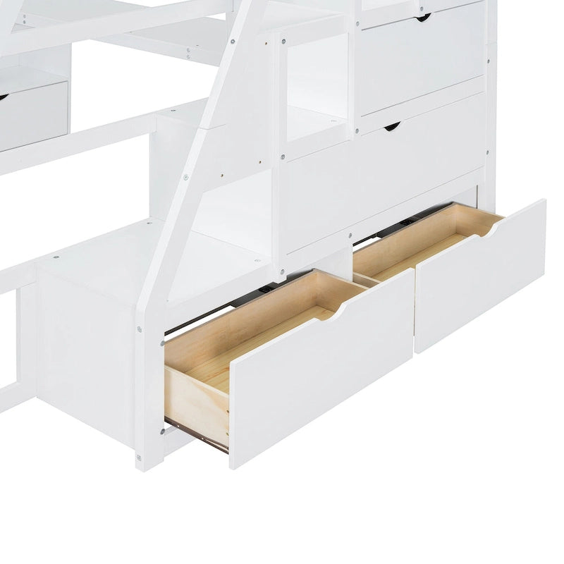 White Full-Size Wood Loft Bed with Desk, 7 Drawers and 2 Shelves