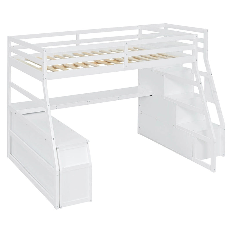 White Full-Size Wood Loft Bed with Desk, 7 Drawers and 2 Shelves