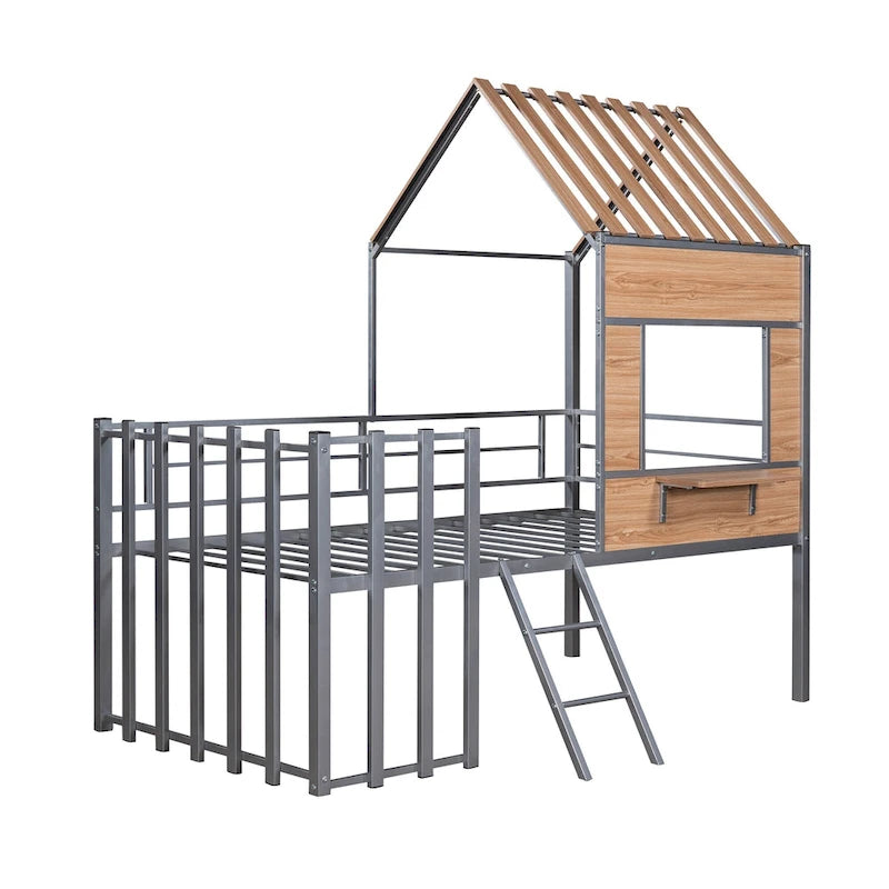 Silver Twin Metal Loft Bed with Roof, Window and Ladder