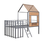 Cama alta de metal plateado tamaño individual con techo, ventana y escalera