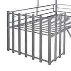 Cama alta de metal plateado tamaño individual con techo, ventana y escalera
