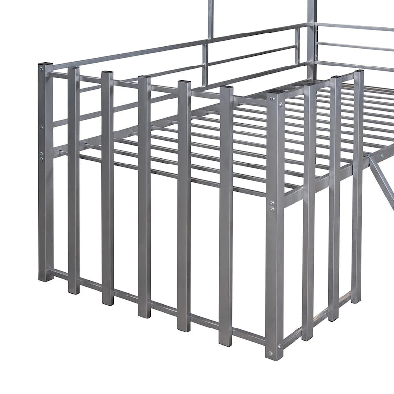 Silver Twin Metal Loft Bed with Roof, Window and Ladder