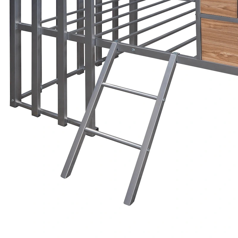 Silver Twin Metal Loft Bed with Roof, Window and Ladder