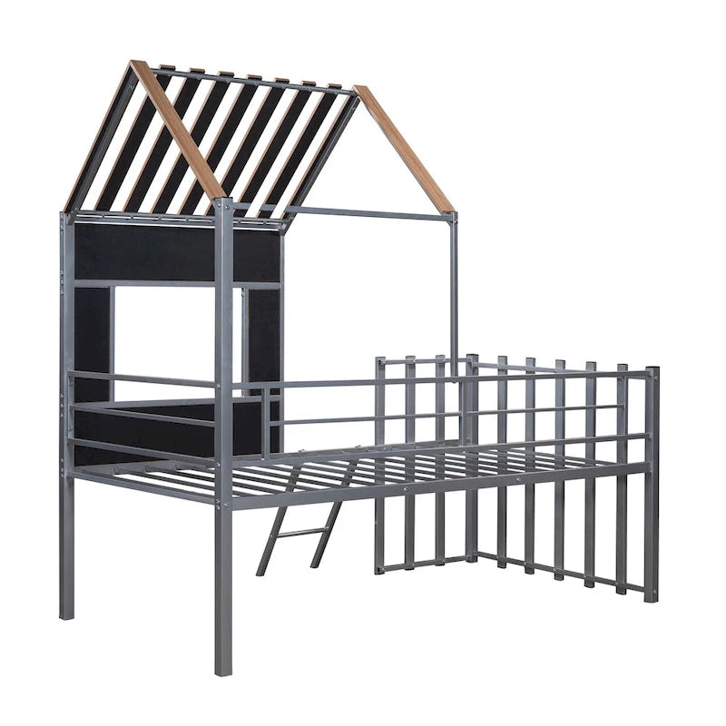 Silver Twin Metal Loft Bed with Roof, Window and Ladder