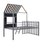 Cama alta de metal plateado tamaño individual con techo, ventana y escalera