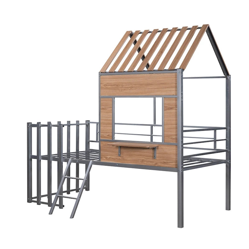 Silver Twin Metal Loft Bed with Roof, Window and Ladder