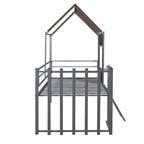 Cama alta de metal plateado tamaño individual con techo, ventana y escalera