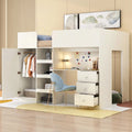 Beige Full-Size Loft Bed with Desk, Wardrobe and Storage