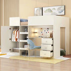Beiges Loft-Bett in Full-Größe mit Schreibtisch, Kleiderschrank und Stauraum