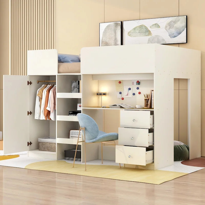 Beige Full-Size Loft Bed with Desk, Wardrobe and Storage