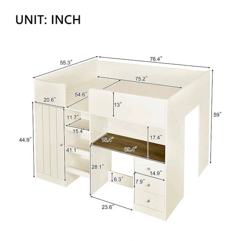 Beige Full-Size Loft Bed with Desk, Wardrobe and Storage