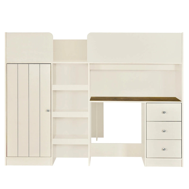 Beige Full-Size Loft Bed with Desk, Wardrobe and Storage