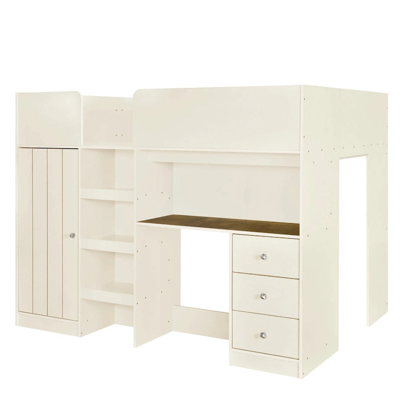 Beige Full-Size Loft Bed with Desk, Wardrobe and Storage