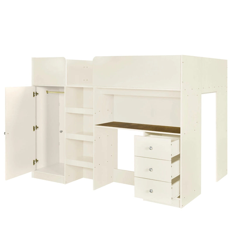 Beige Full-Size Loft Bed with Desk, Wardrobe and Storage