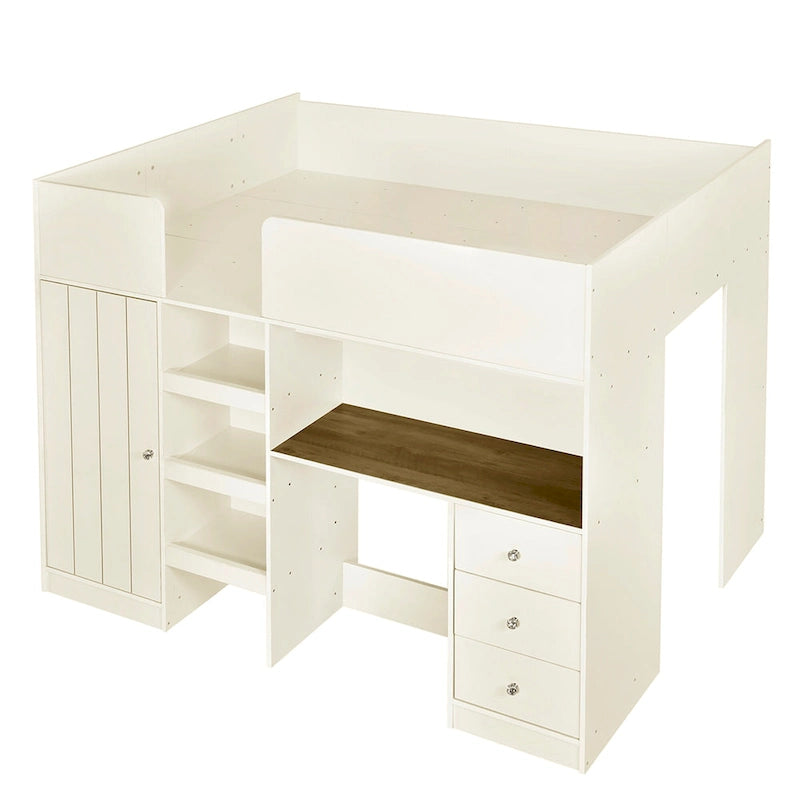 Beige Full-Size Loft Bed with Desk, Wardrobe and Storage