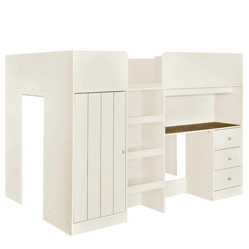 Beige Full-Size Loft Bed with Desk, Wardrobe and Storage