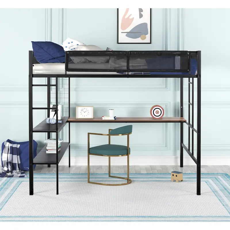 Full-Size Black Metal Loft Bed with Desk and Shelves