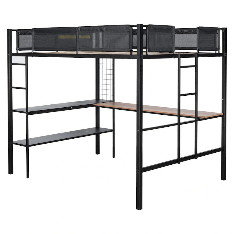 Full-Size Black Metal Loft Bed with Desk and Shelves
