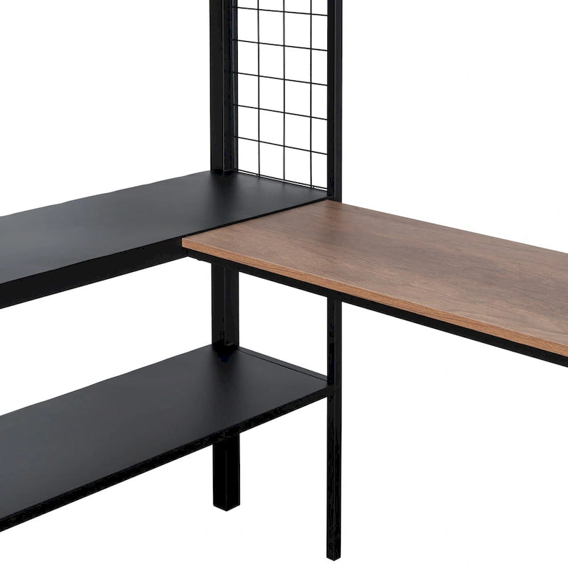 Full-Size Black Metal Loft Bed with Desk and Shelves