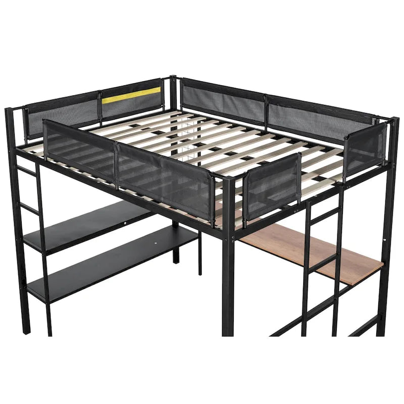 Full-Size Black Metal Loft Bed with Desk and Shelves