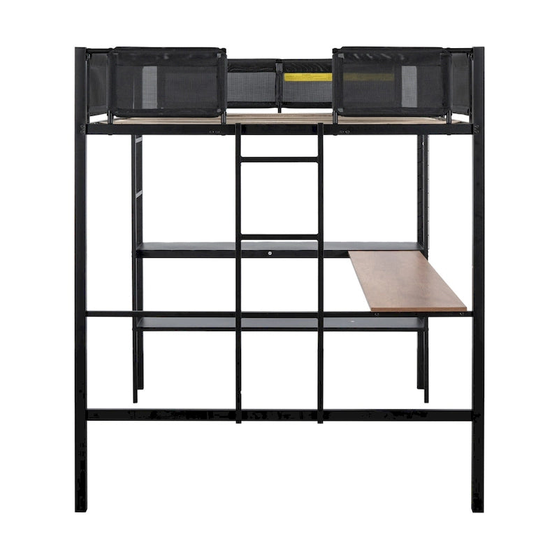 Full-Size Black Metal Loft Bed with Desk and Shelves