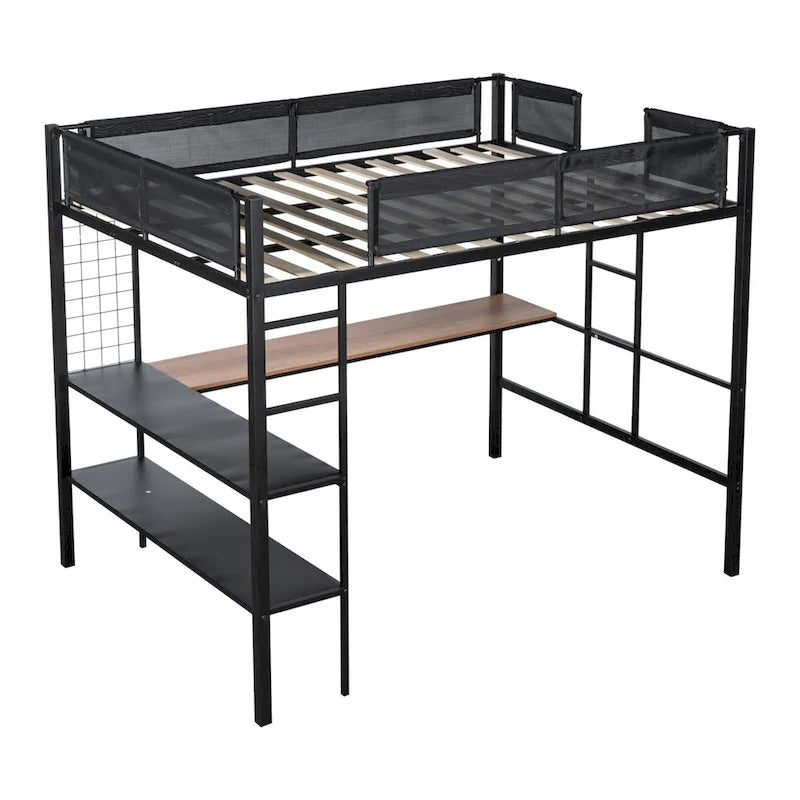 Full-Size Black Metal Loft Bed with Desk and Shelves