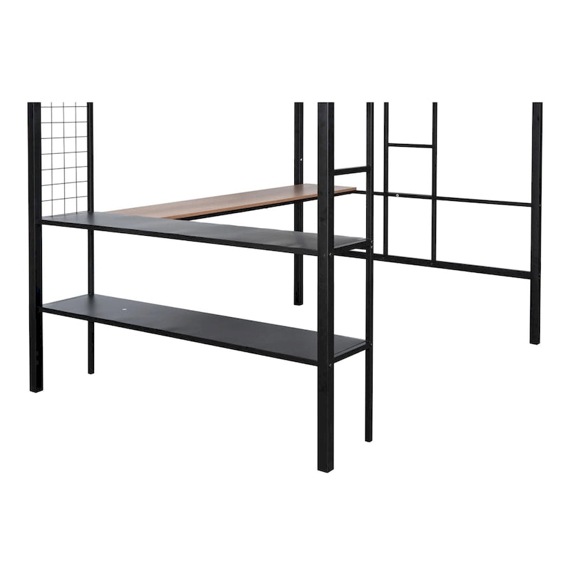 Full-Size Black Metal Loft Bed with Desk and Shelves