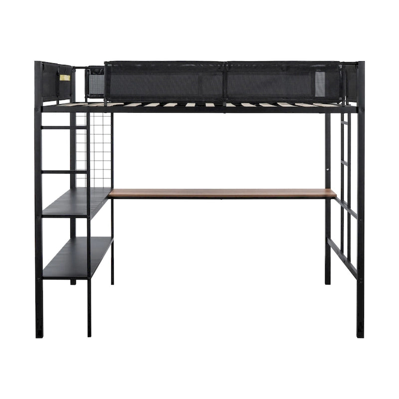 Full-Size Black Metal Loft Bed with Desk and Shelves
