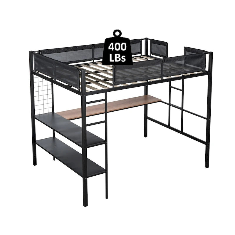 Full-Size Black Metal Loft Bed with Desk and Shelves