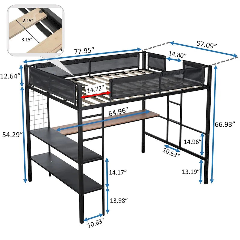 Full-Size Black Metal Loft Bed with Desk and Shelves