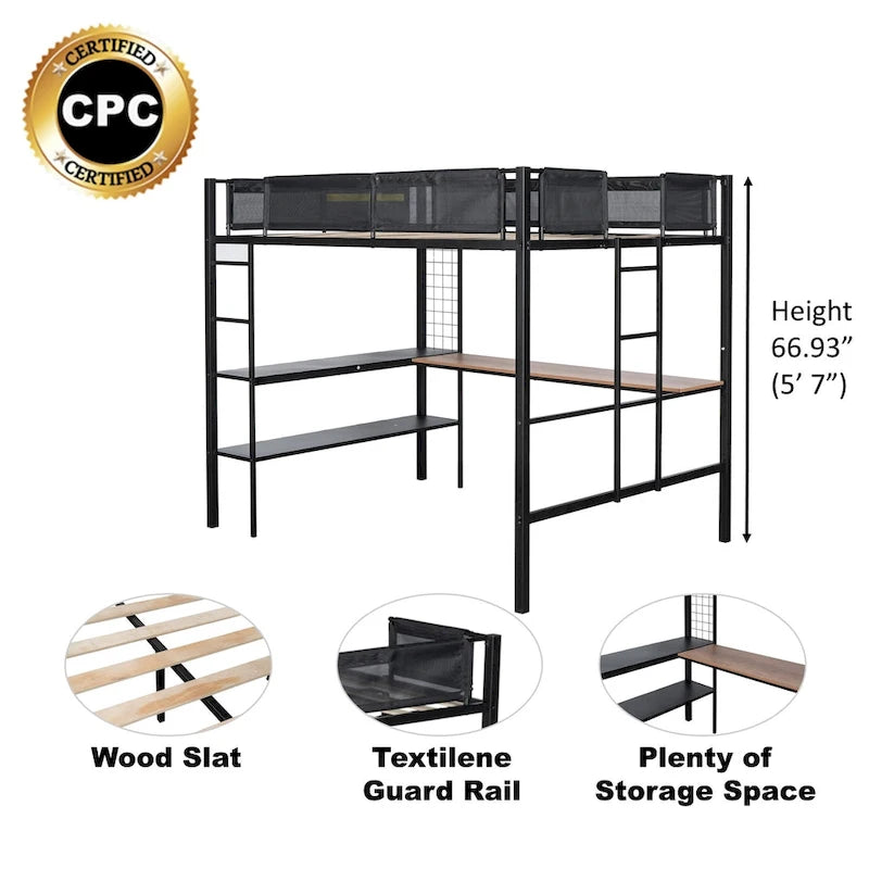 Full-Size Black Metal Loft Bed with Desk and Shelves