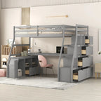 Cama alta de madeira cinzenta Twin com secretária e arrumação