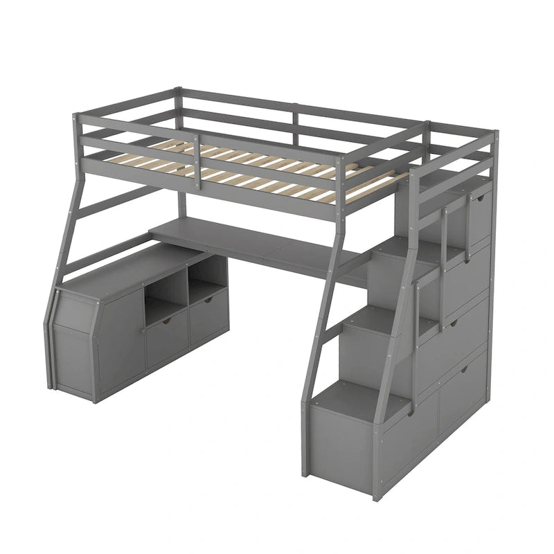 Gray Twin Wood Loft Bed with Desk and Storage