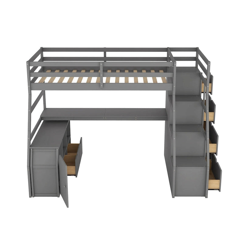 Gray Twin Wood Loft Bed with Desk and Storage