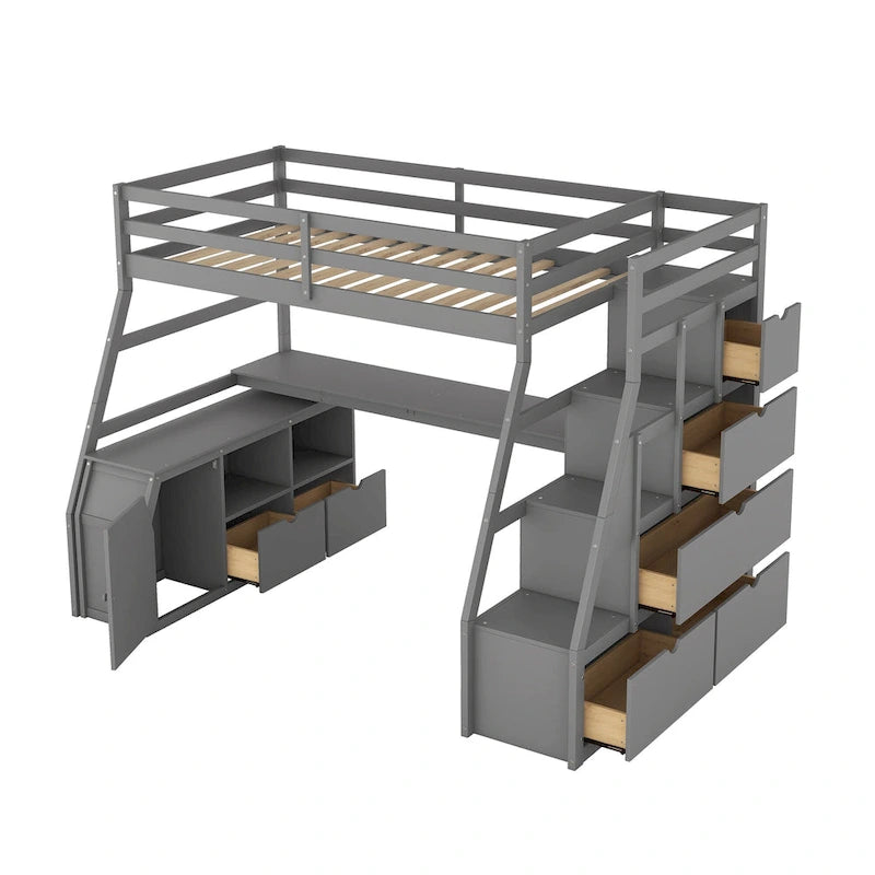 Gray Twin Wood Loft Bed with Desk and Storage