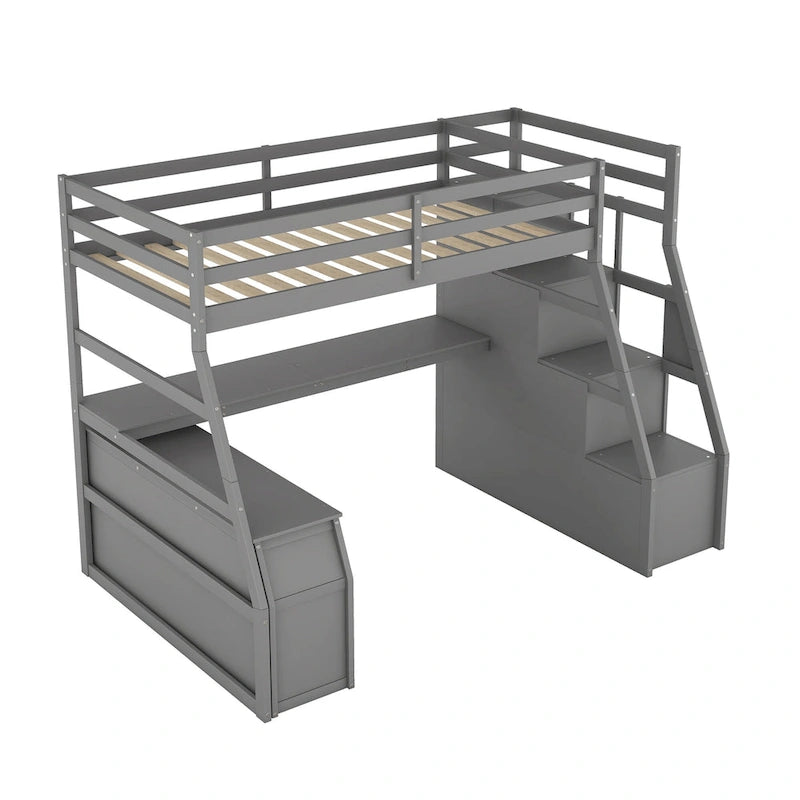 Gray Twin Wood Loft Bed with Desk and Storage
