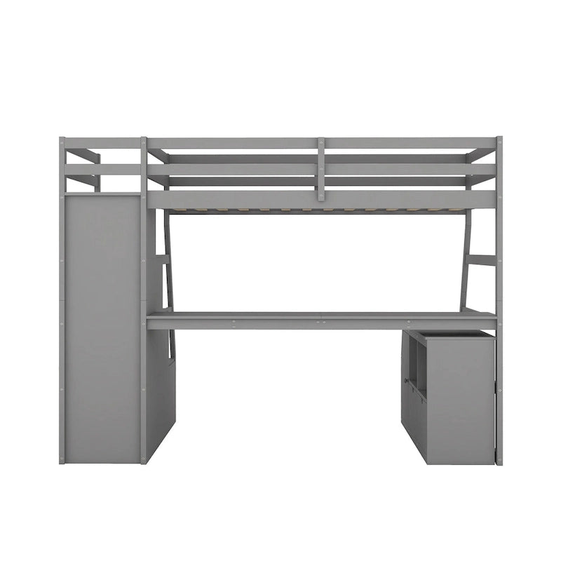 Gray Twin Wood Loft Bed with Desk and Storage