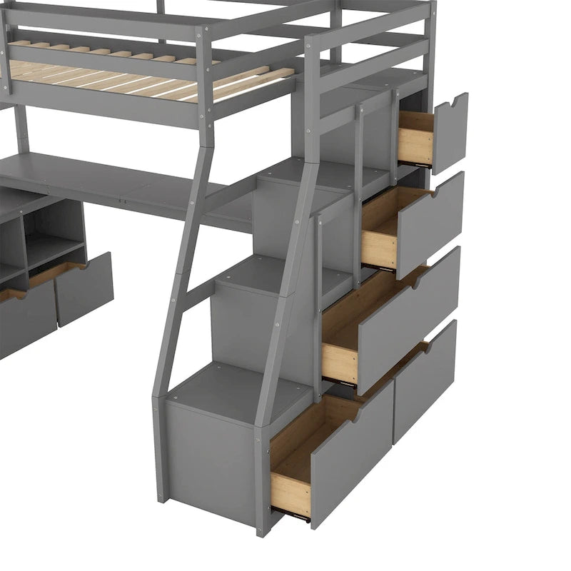 Gray Twin Wood Loft Bed with Desk and Storage